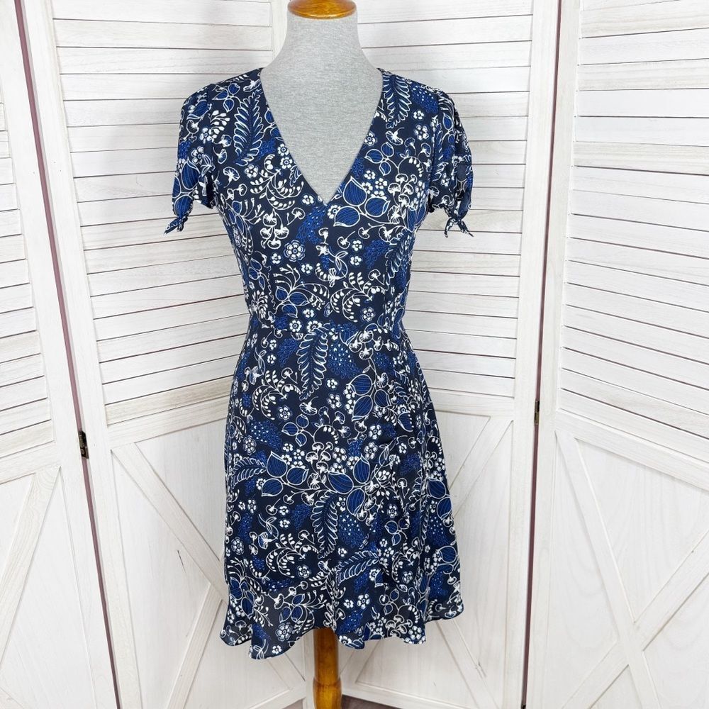 J.‎ Crew Floral Faux Wrap Mini Skater Dress Blue Size 0 Ruffle Trim Short Sleeve